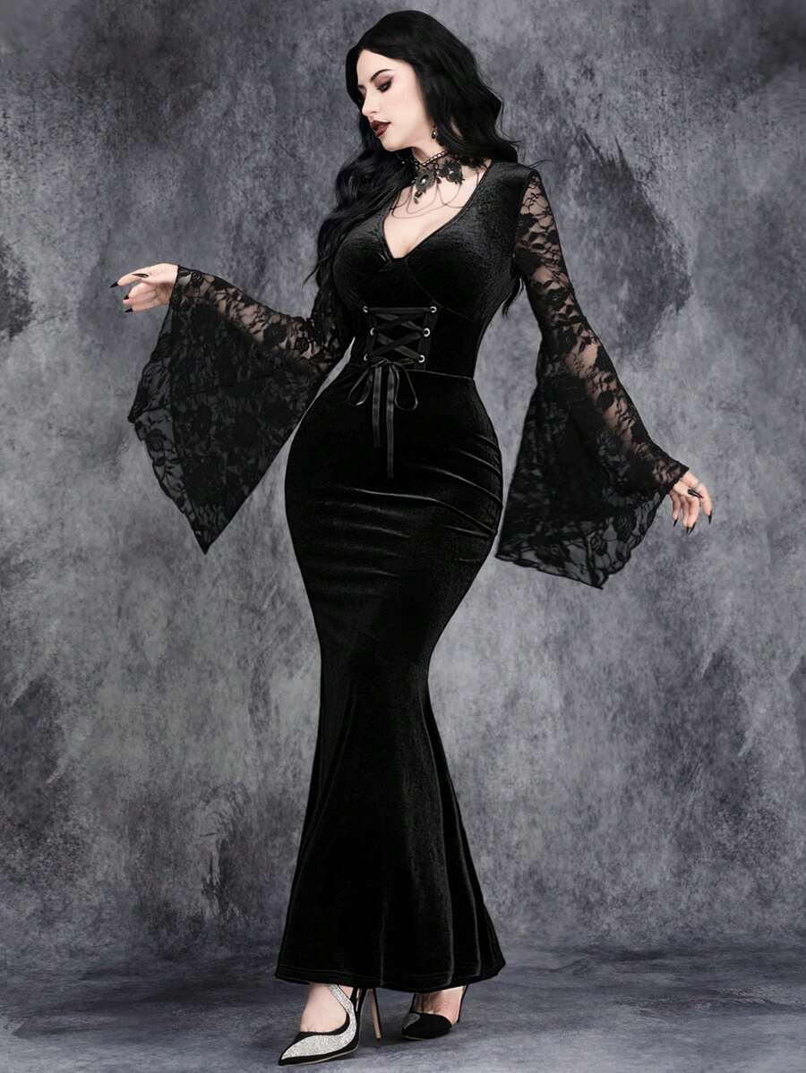 Women Gothic Metal Waist Halloween Sleeve Lace Lace Patchwork Fishtail Dress - Black - View 1