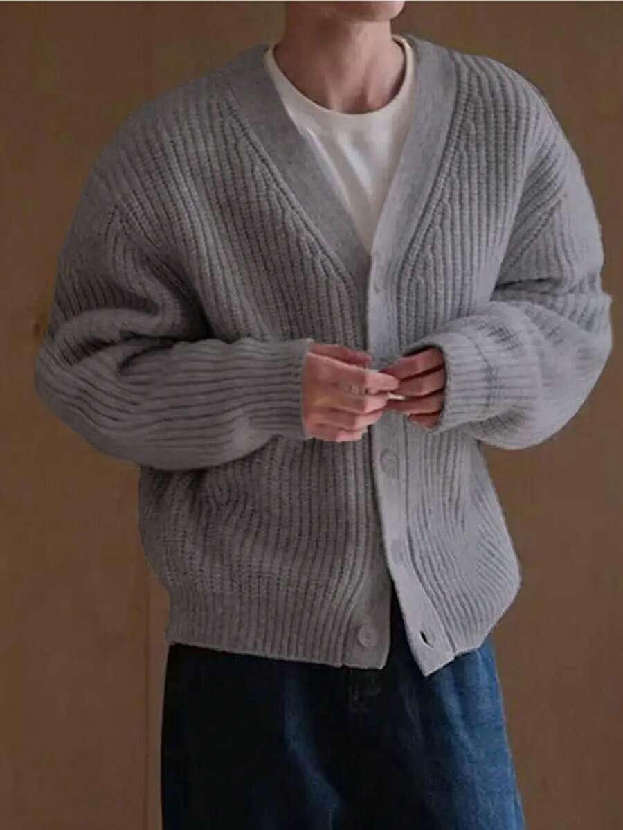 Áo khoác cardigan nam tay dài trễ vai màu trơn, cài khuy đơn giản, mùa thu đông - Xám - Xem 1