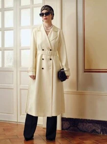 ZEYLAH LAPEL COLLAR DOUBLE BREASTED PLACKET BUCKLE BELTED TRENCH COAT - White - View 5