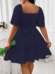 SHEIN Unity Plus Size Solid Color Sweetheart Neck Short Sleeve Dress - Navy Blue - View 2