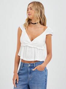 Easelle Women Summer Casual Solid Color V-Neck A-Line Cropped Blouse - White - View 3