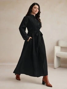 BizChic Plus Size Black Woven Elegant Commuter Dress Black Long Sleeve Dress Fall Women Outfits Winter Women Clothes - Black - View 2