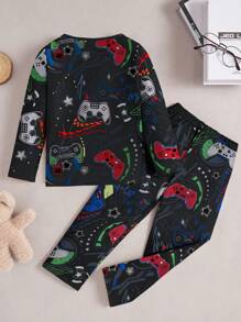2pcs Young Boy Glow-In-The-Dark Game Printed Long Sleeve Top & Pants Casual Loungewear Pajama Set - Black - View 2