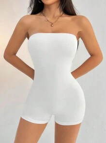 SHEIN PETITE 休闲简约黑色无袖短款性感连体裤女士紧身衣适合夏季 - 白色 - 查看 6
