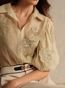 Anewsta Women's Elegant Puff Sleeve Decorative Flower Mallard Color Blouse Women Shirt