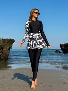 Swim Shayni Women Summer Beach Floral Print Long Sleeve Top And Solid Color Pants Vacation Burkini Two-Piece Outfit Arabic Clothing - Black and White - View 3