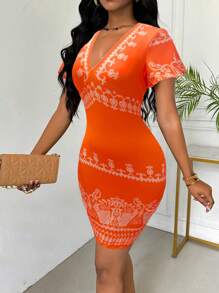 SHEIN SXY 女士花卉印花 V 领短袖修身优雅度假连衣裙