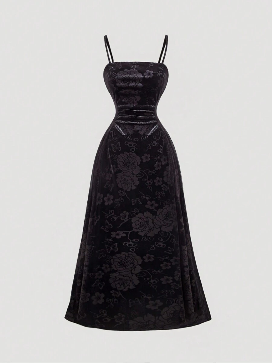 SHEIN MOD 大码女式褶皱吊带天鹅绒黑色连衣裙、黑色返校节连衣裙、天鹅绒连衣裙、文艺复兴博览会、连衣裙、巫术服装、优雅女装、吸血鬼连衣裙