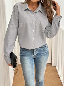 Chiquease Striped Print Asymmetrical Hem Front Button Long Sleeve Shirt - Black - View 4