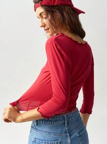 Bohemela Vacation Solid V-Neck Short Sleeve Fitted Regular Ladies' T-Shirt - Red - View 5