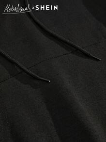 Seusyu Women's Autumn & Winter Abstract Face Print Drawstring Hooded Casual Loose Sweatshirt, Casual Comfy Pullover Top Fall - Black - View 6