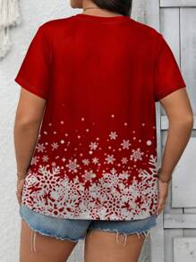 SHEIN LUNE Christmas Snowflake & Golden Christmas Tree Graphic Casual Minimalist Plus Size Crew Neck Short Sleeve Red T-Shirt Pullover, Suitable For Summer - White - View 2