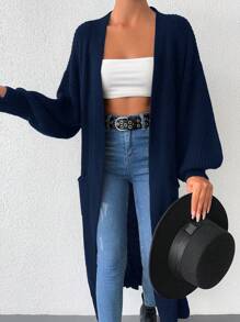 EURMUSE 女式落肩长袖大口袋纯色针织休闲开衫 - 藏蓝色 - 查看 6