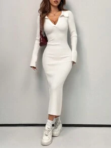 SHEIN EZwear 秋冬款 Polo 领长袖超长毛衣裙 - 白色 - 查看 1