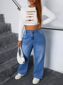 SHEIN EZwear Plus High Waist Straight Leg Jeans - Medium Wash - View 5