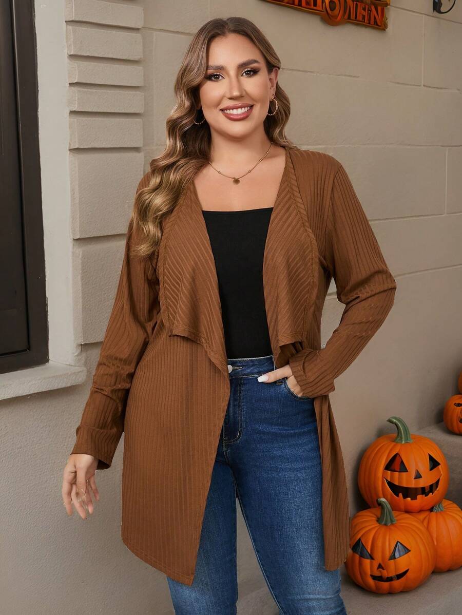 SHEIN LUNE Plus Size Solid Color Lapel Jacket, Autumn Winter Clothes - Khaki - View 1