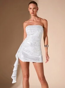 SHEIN BAE 女士无袖褶皱高开衩荷叶边珠饰亮片裹身连衣裙，适合派对、鸡尾酒会、伴娘、晚礼服 - 白色 - 查看 5