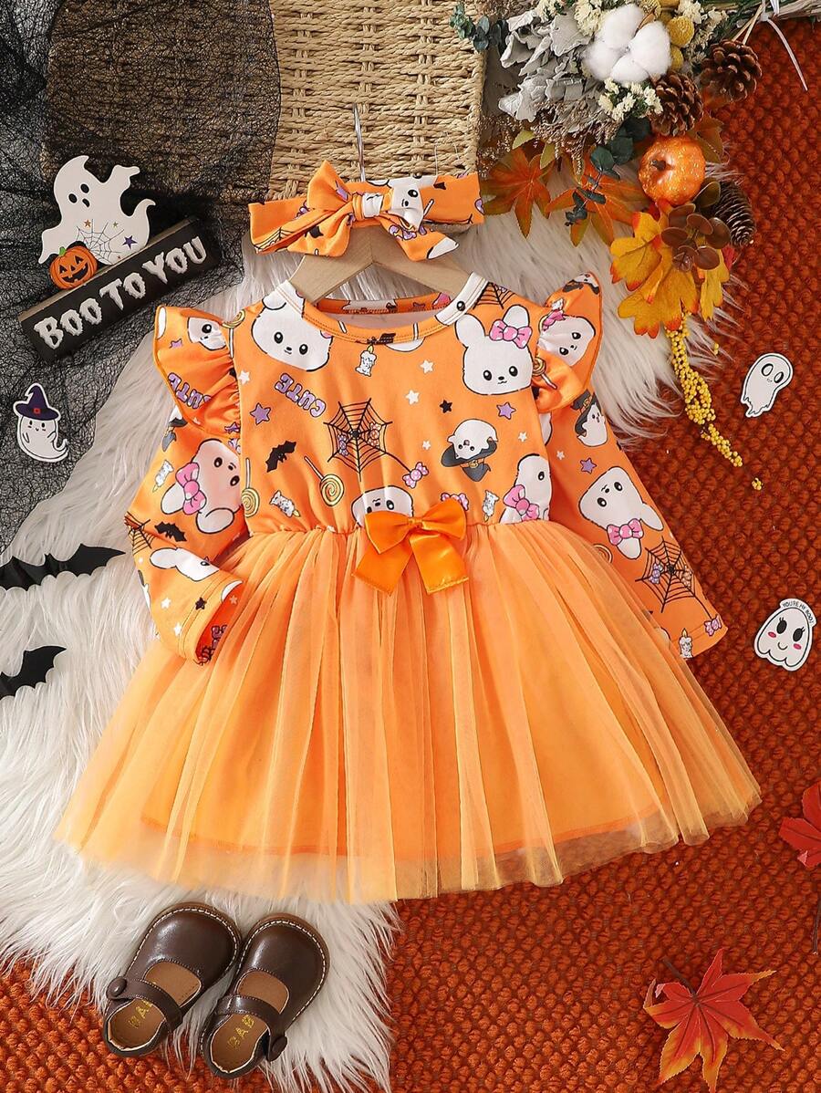 女婴 2 件套秋季万圣节圆领长袖可爱鬼魂、蜘蛛网、蝙蝠、蜡烛、星星、糖果印花荷叶边撞色网眼装饰领结连衣裙带头带，舒适甜美，秋冬新款 - 橘色 - 查看 1