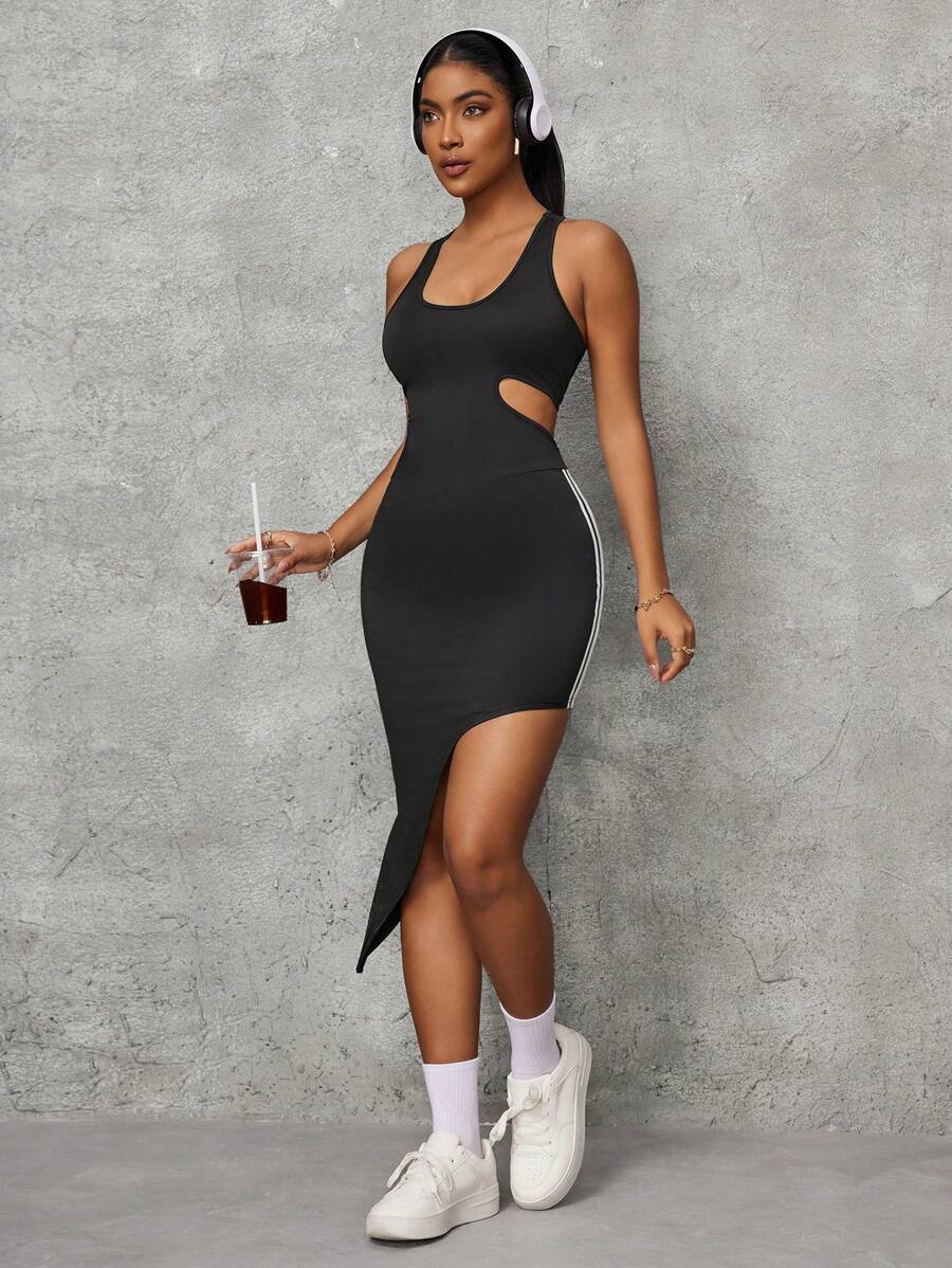 Easithlete Women's Color Block Striped Hollow Out Asymmetrical Hem Fitted Sports Dress - Black - View 1