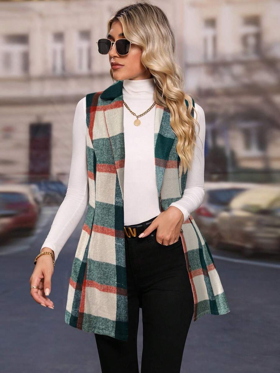 SHEIN Clasi Women's Sleeveless Plaid Vest Slim Fit Blazer Jacket (Random Print) - Multicolor - View 1