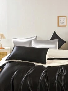 3 件优质黑白双色双面丝滑缎面羽绒被套床上用品套装，柔软透气防皱，助眠效果更佳，豪华酒店风格，送给妈妈爸爸朋友的礼物，被子被套 * 1 枕套 * 2 特大号双人床尺寸宿舍床上用品返校床上用品 - 黑與白 - 查看 5