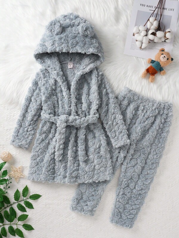 Young Boy 2pcs/Pajama Set Simple Solid Color Fleece Bathrobe Top And Long Pants Sleepwear Pajama Set