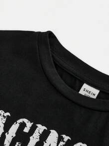 SHEIN Girlism Atasan Rajut Leher Bulat Lengan Pendek Pas Badan Bergaya Sporty untuk Remaja Perempuan - Hitam - View 3