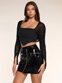 Glamine Women's Black Square Collar Mesh Contrast Raglan Sleeve Long Sleeve Fitted Asymmetric Hem T-Shirt , Black Crop Top Long Sleeve Fall Bodycon Bachelorette Tops - Black - View 1