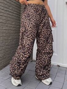 Flirla Plus Size Women Leopard Print Vintage American Style Casual Cargo Pants - Multicolor - View 1