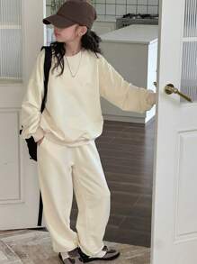 Dazy Kids 2pcs/Set Tween Girls Crew Neck Letter Embroidery Sweatshirt Outfit, Fall