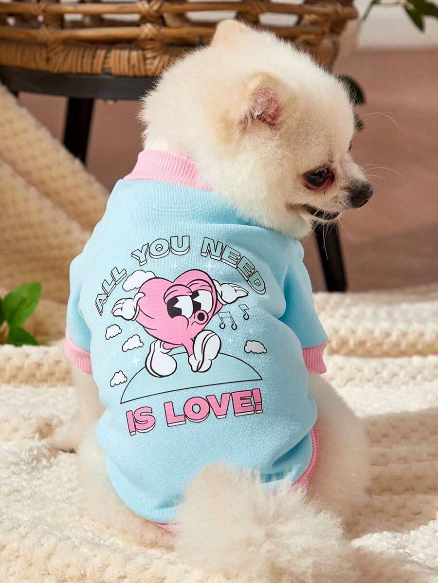 terompetiblisid Artist 1pc Cute Kawaii Heart & Pet Print Warm Pet Sweatshirt, Pink & Blue, Holiday, Love Valentine's Day
