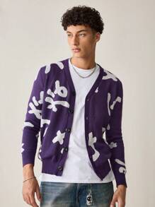 Manfinity VCAY Men's Fashionable Casual Loose Knit Cardigan Long Sleeve, For Fall Winter - Purple - View 2