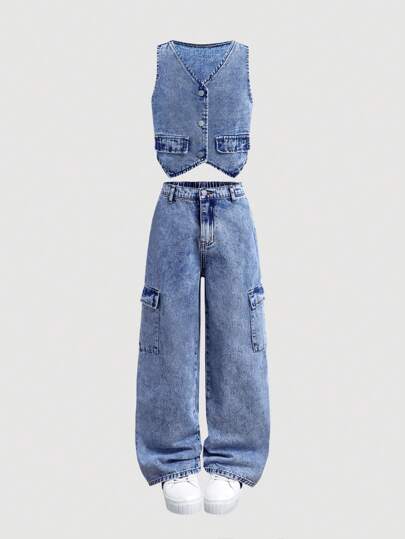 SHEIN Girlism Tween Girls Y2K 时尚石洗休闲无袖牛仔背心和翻盖口袋直筒工装牛仔裤套装，女孩秋季服装返校装