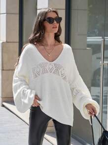 EURMUSE Casual Hollow Out V Neck Drawcord Detailed Balloon Sleeve Oversize Sweater - White - View 5