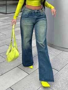 MYOURSA Y2K 高腰宽松阔腿水洗复古牛仔裤，女士休闲街头风，蓝色 - 中等水洗藍 - 查看 4