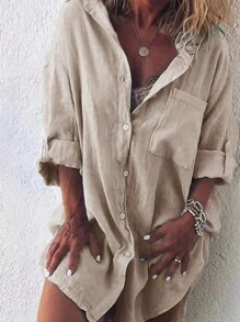 Women Linen Button-Up Shirt - Apricot - View 2