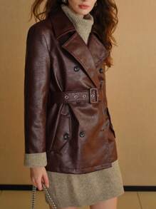MOTF STUDIO LAPEL COLLAR BUCKLE BELTED PEA JACKET - Coffee Brown - View 5