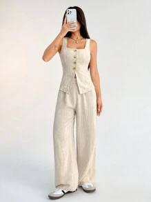 SHEIN PETITE 亚麻布西装背心两件套女时尚纯色纽扣撞色无袖上衣和裤子套装，面料舒适，透气柔软，适合通勤、日常度假穿着 - 卡其色 - 查看 5