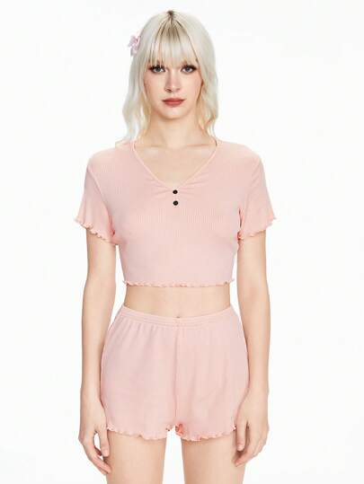 Women's Knitted Ribbed Comfortable Casual Pajama Set