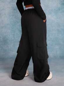 SHEIN Tween Girls' Loose Fit Drawstring Waist Cargo Pants - Black - View 2