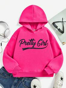 SHEIN 年轻女孩针织纯色连帽宽松休闲字母印花运动衫