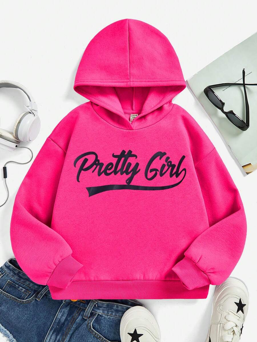 SHEIN 年轻女孩针织纯色连帽宽松休闲字母印花运动衫