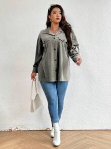 SHEIN LUNE 大码纯色前纽扣装饰长袖休闲夹克，适合冬季 - 灰色 - 查看 6