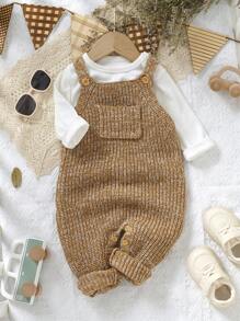Baby Boy 1pc Stylish Knitted Romper With Overall Casual Contrast Color Design, Comfortable Suspender Pants, Fashionable And Practical Infant Outfit