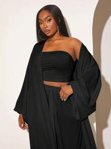 SHEIN SXY Conjunto de 3 piezas de mujer talla grande para primavera y otoño: cárdigan maxi de manga farol de un solo color con frente abierto, top tubo y pantalón de pierna ancha - Negro - Ver 6