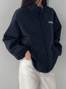 DAZY 女式字母刺绣前拉链休闲夹克，秋季服装 - 藏蓝色 - 查看 2