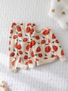 Cozy Pixies 2 pezzi Set di felpa con cappuccio e pantaloni in maglia morbida con stampa di pipistrelli e zucche di Ognissanti per bambini maschi