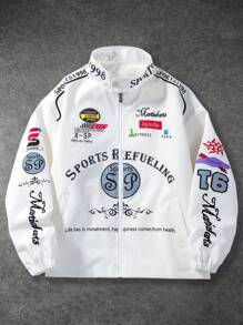 PAVTROS Manfinity Streetrush Men's Long Sleeve Casual Slogan Printed Stand Collar Rave Jacket, Spring Autumn, For Fall - White - View 1