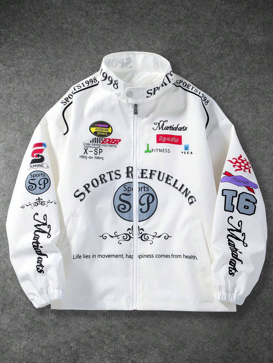 PAVTROS Manfinity Streetrush Men's Long Sleeve Casual Slogan Printed Stand Collar Rave Jacket, Spring Autumn, For Fall - White - View 1