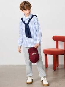 2pcs/Set Tween Boy Casual Striped Collared Button-Up Woven Shirt With Shawl, Long Sleeve